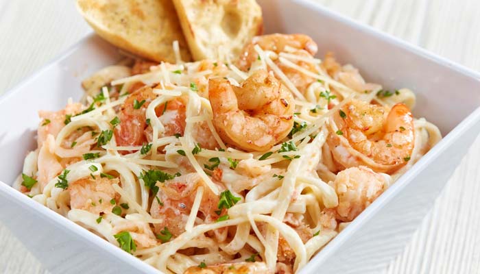 Seafood shrimp pasta served at Waverly Beach bar and grille restaurant in Fox Valley Menasha, WI