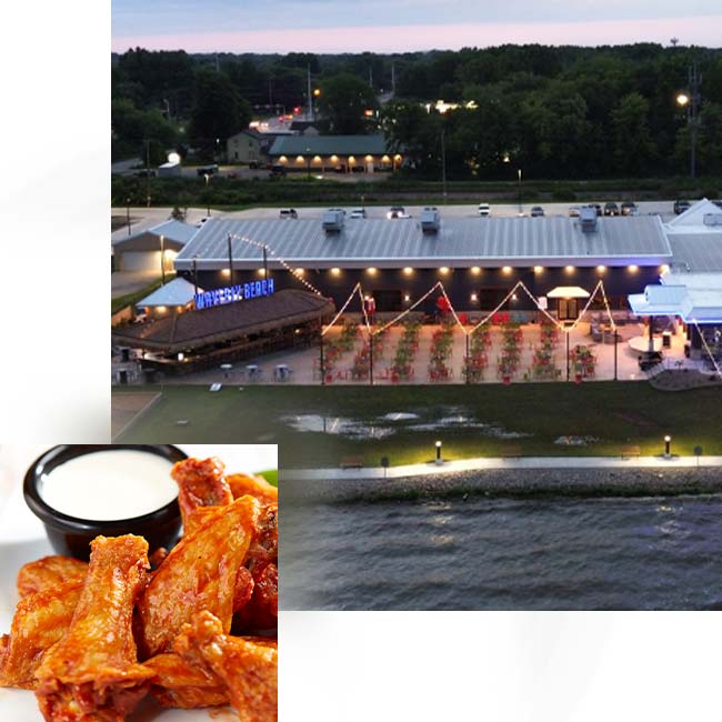 Traditional bone in chicken wings served on the outdoor patio dining area at Waverly Beach bar and grille restaurant in Fox Valley Menasha, WI