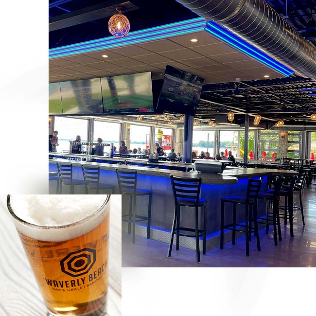 Sports bar indoor seating and light tap beer drink at Waverly Beach bar and grille restaurant in Fox Valley Menasha, WI