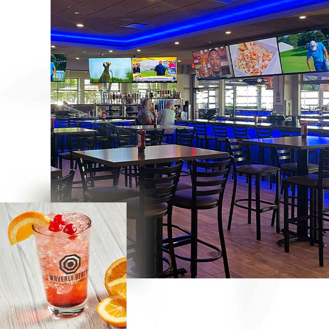 Sports bar indoor seating and old fashion specialty drink at Waverly Beach bar and grille restaurant in Fox Valley Menasha, WI