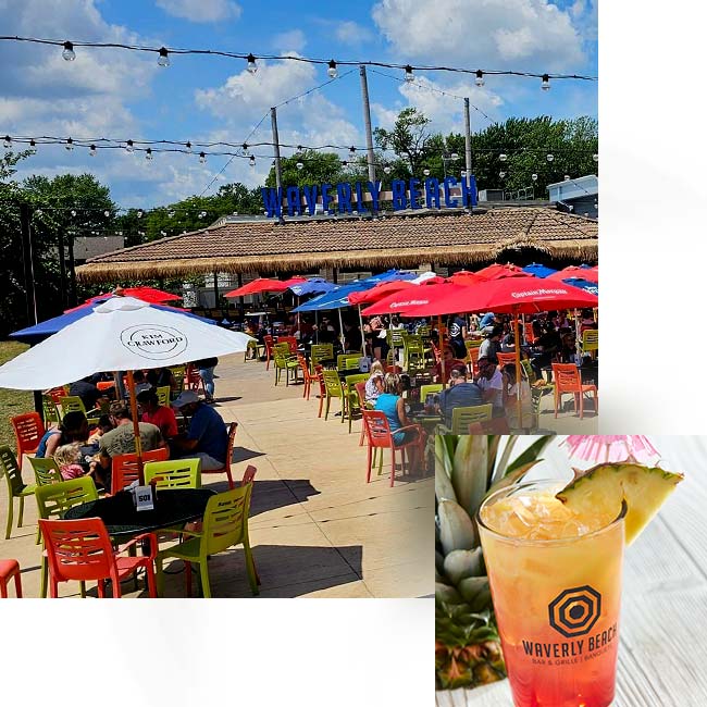 Outdoor seating and bahama mama specialty drink at Waverly Beach bar and grille restaurant in Fox Valley Menasha, WI