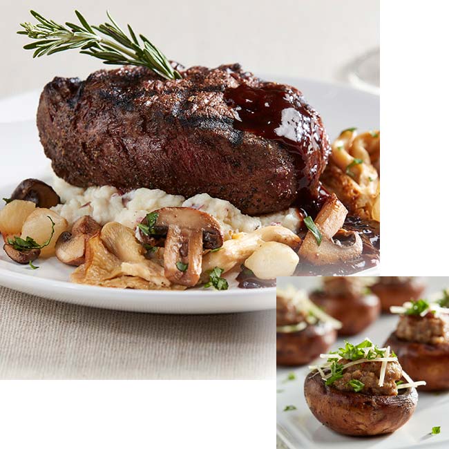 Grilled steak, mashed potatoes and stuffed mushrooms served and catered at Waverly Beach Bar & Grille restaurant banquet venue in the Fox Valley Menasha, WI